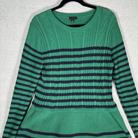 Talbots Peplum Sweater Womens L Green Black Stripe Top Casual Cotton 5% Cashmere - Picture 2 of 11